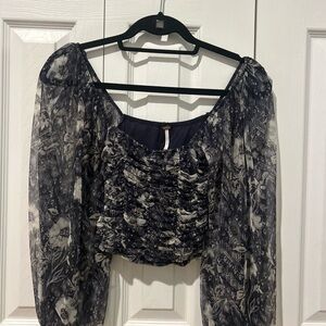 Free People Black and Gray Puff Sleeve Ruched Crop Blouse